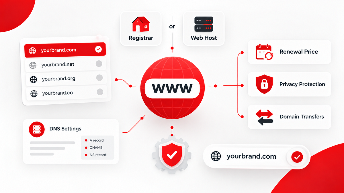 Domain registration, renewal pricing, privacy protection, and DNS settings diagram for affiliate web hosting