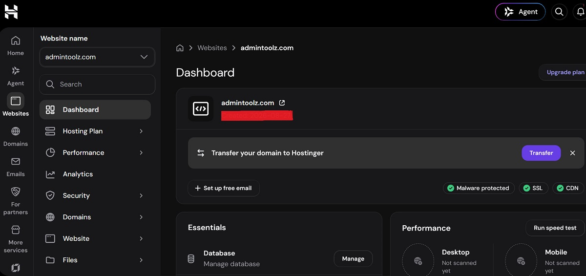 Hostinger hPanel dashboard for admintoolz.com showing active SSL, CDN, and malware protection