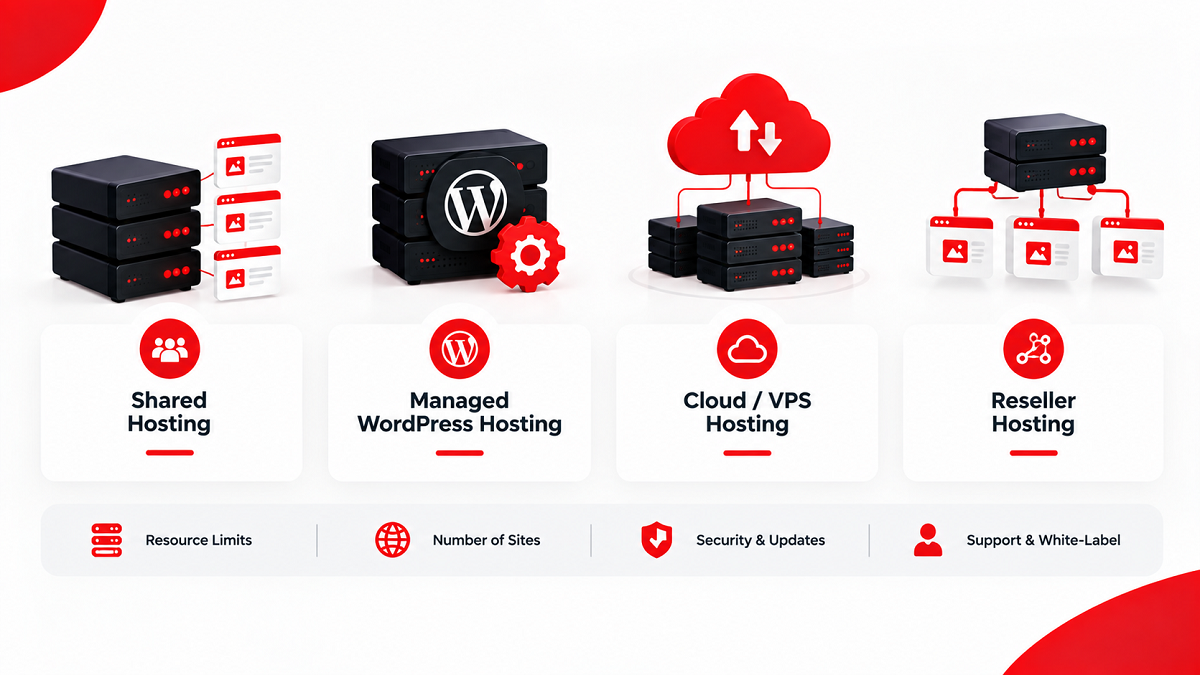 Comparison of shared, managed WordPress, cloud VPS, and reseller web hosting for affiliates