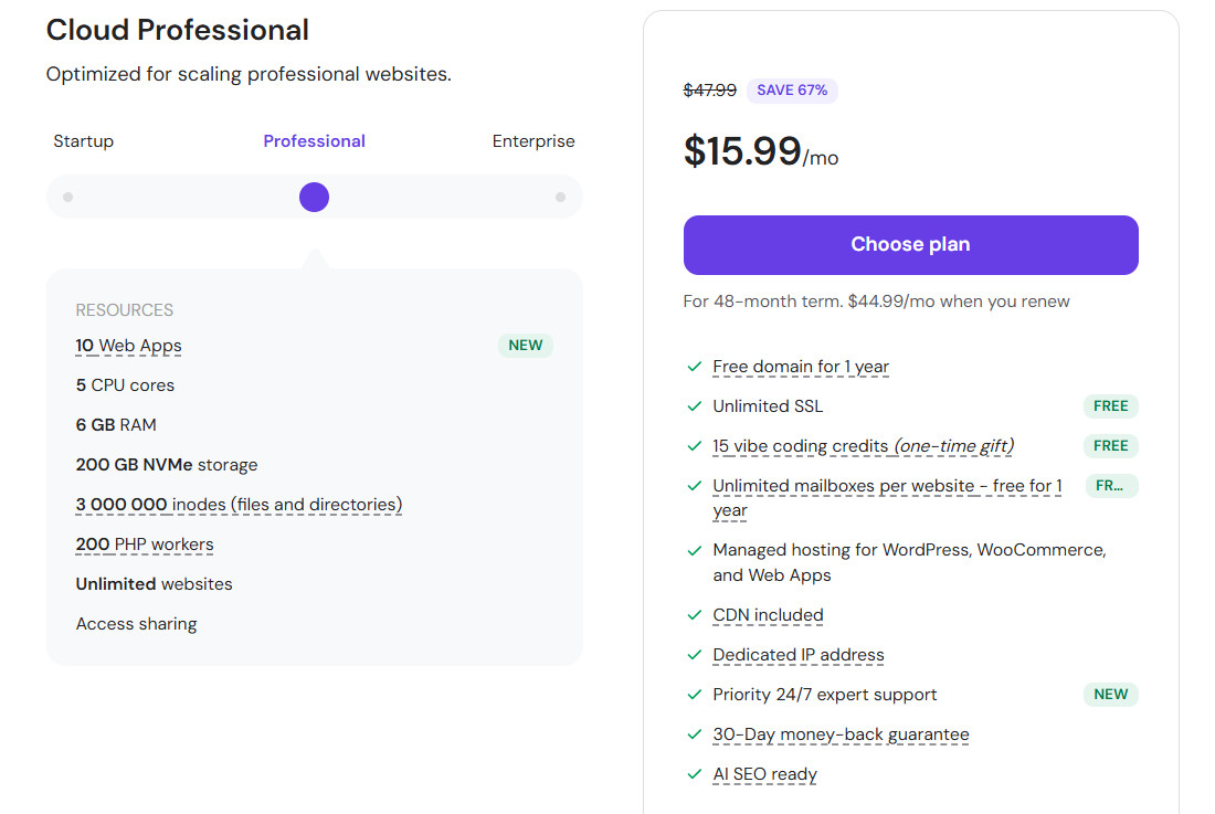 Hostinger Cloud Professional pricing and resource specifications