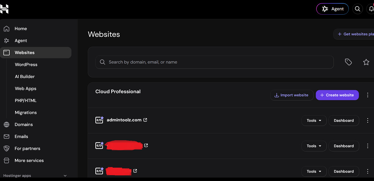 Hostinger hPanel Websites dashboard showing multiple hosted sites on Cloud Professional plan