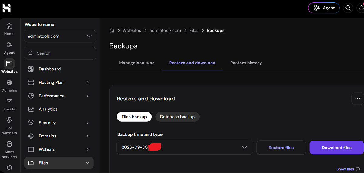 Hostinger daily backups interface showing automated restore and download options for admintoolz.com