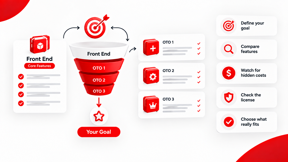An infographic comparing the features of a 'Front End' core product against its subsequent 'One-Time Offers' (OTOs) in a software launch, featuring a funnel and feature checklists