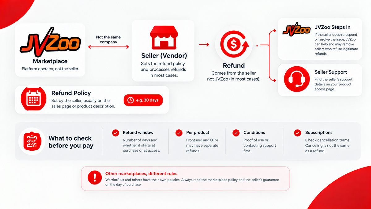 An infographic explaining who handles refunds on JVZoo, showing the distinction between the JVZoo marketplace operator and the seller, along with a checklist of refund terms to verify before purchasing software