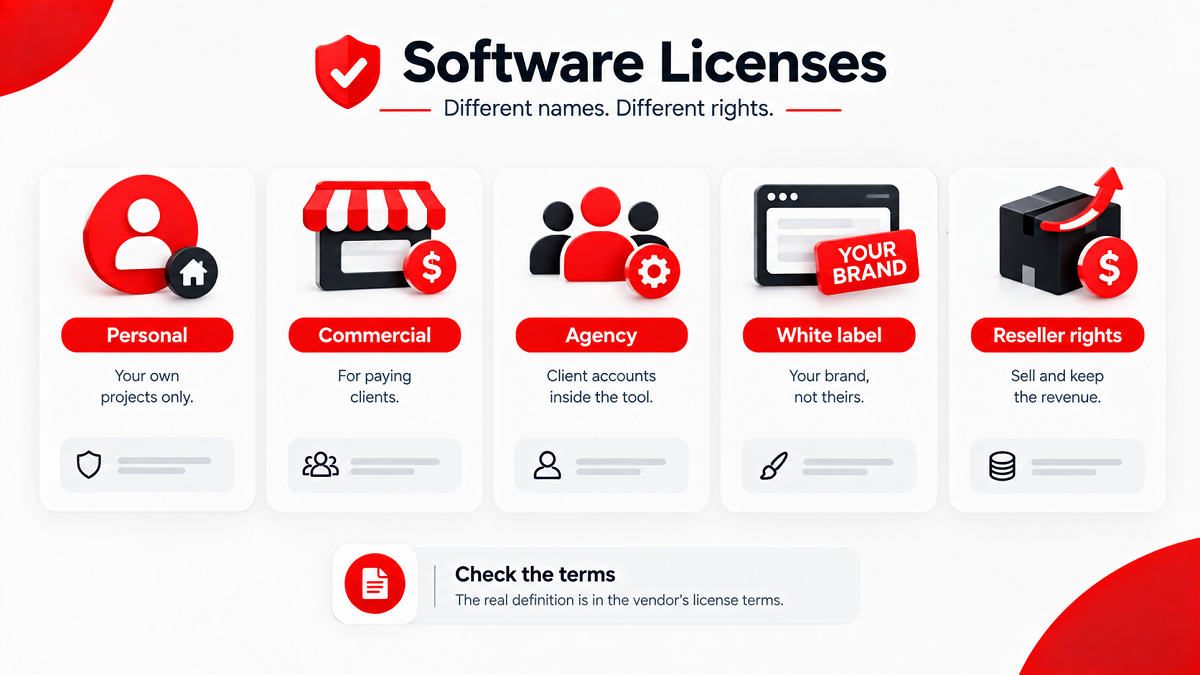 An infographic explaining different software license types including Personal, Commercial, Agency, White Label, and Reseller Rights, highlighting what each license permits.