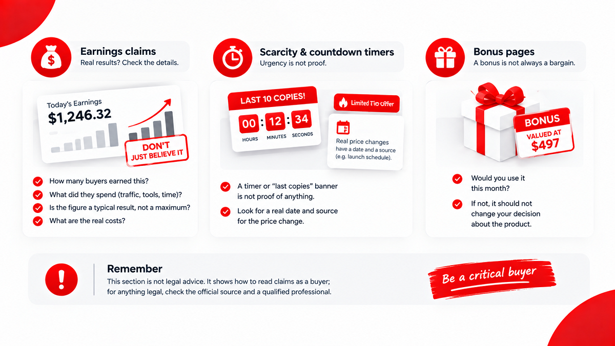 An infographic demonstrating how to spot misleading income claims, fake scarcity countdown timers, and inflated bonus valuations when evaluating a software launch.