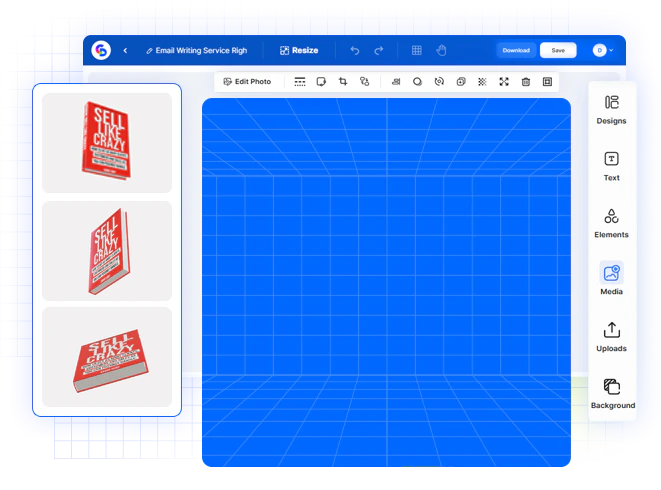 ClickDesigns X editor with three 3D book angles in the side panel and a blank 3D canvas