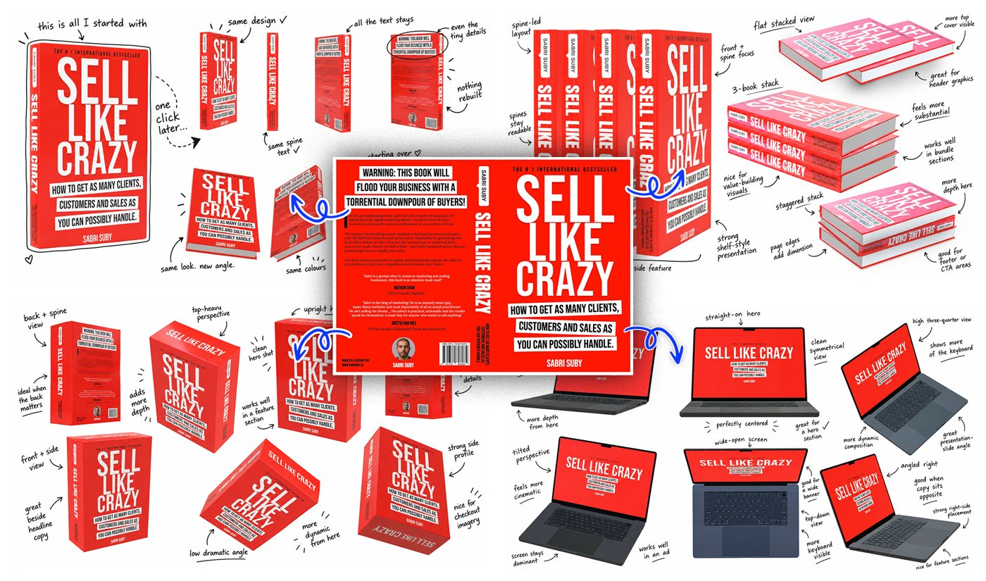 ClickDesigns X MagicWrap example: one flat book cover turned into 3D books, box angles, book stacks and laptop screens