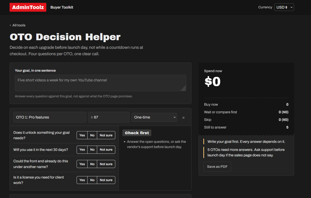 AdminToolz buyer toolkit: OTO Decision Helper