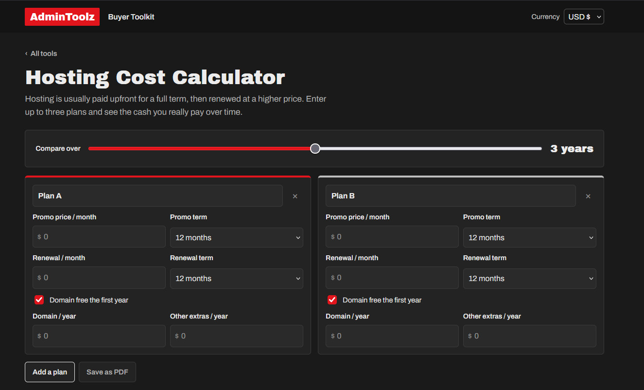 AdminToolz buyer toolkit: Hosting Cost Calculator